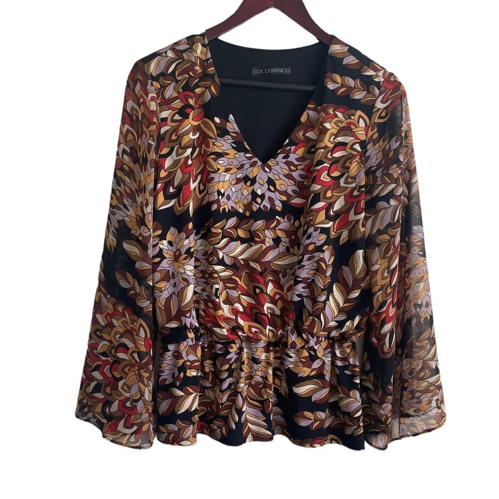 Coco Bianco Womens Boho Retro Peplum Blouse M Multicolor Earthy Bell Sleeve